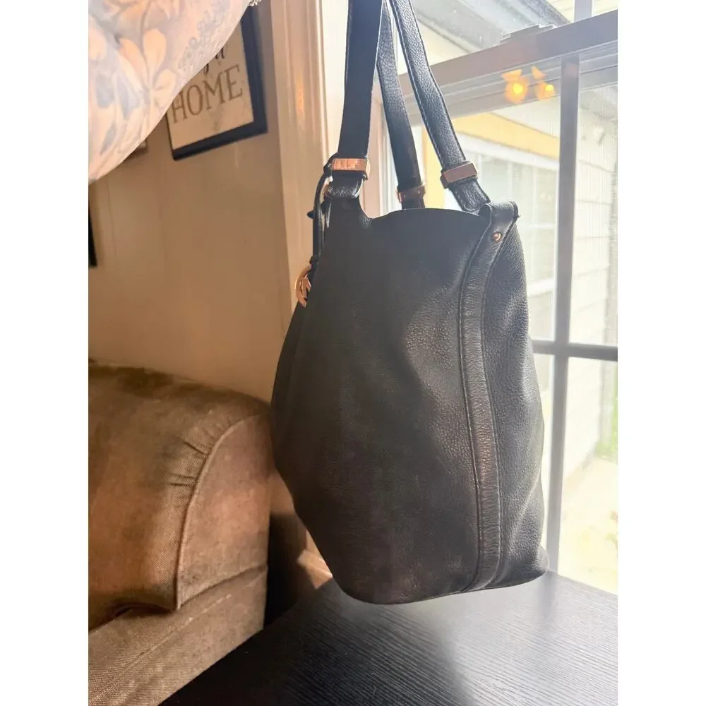 Michael Kors Black Pebbled Faux Leather Large Tote Shoulder Bag Gold MK Charm